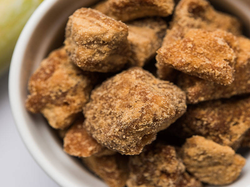 Jaggery or Gur used in EltheCook Readymade Tadka (Tempered SPice blends). Shipping worldwide